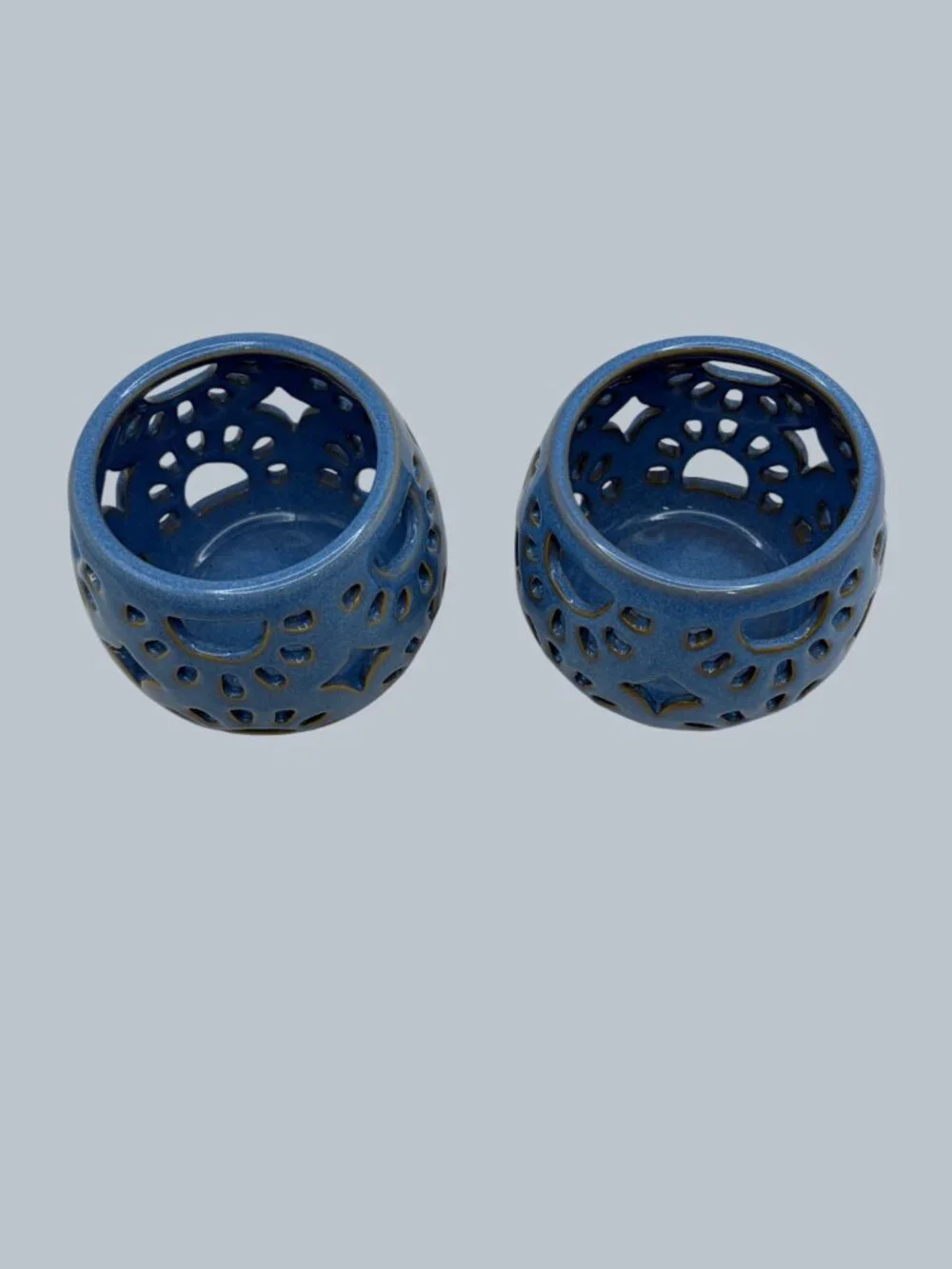 Pair Blue Pierced Ceramic Tea Light Candle Holders Lantern Votive Decor